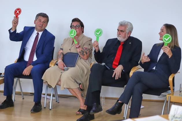 Halle an der Saale, Saxony-Anhalt, Germany, August 18, 2026 Leibniz Institute for Agricultural Development in Transition Economies (IAMO) IHK Election Forum Sven Schulze (CDU), Susan Sziborra Seidlitz (Greens), Armin Willingmann (SPD), Claudia Wittig (BSW) Copyright: xdtsxNachrichtenagenturx dts_130411