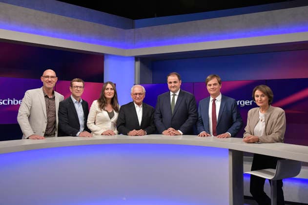 Lars Sänger, Christoph von Marschall, Anja Kohl, Wolfgang Ischinger, Nathanael Liminski, Bernd Baumann, and Sandra Maischberger on the ARD talk show *maischberger* at the studio in Berlin-Adlershof, Berlin, August 18, 2026 Foto:xM.xBehrensx xFuturexImagex maischberger1808_6801