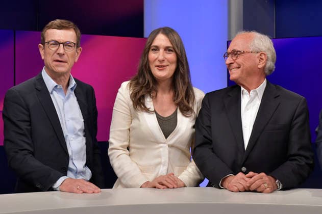 Christoph von Marschall, Anja Kohl, and Wolfgang Ischinger on the ARD talk show *maischberger* at the studio in Berlin-Adlershof, Berlin, August 18, 2026 Foto:xM.xBehrensx xFuturexImagex maischberger1808_6804
