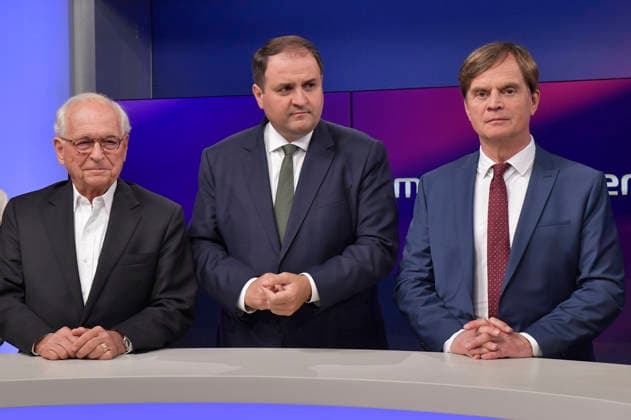 Wolfgang Ischinger, Nathanael Liminski, and Bernd Baumann on the ARD talk show *maischberger* at the studio in Berlin-Adlershof, Berlin, August 18, 2026 Foto:xM.xBehrensx xFuturexImagex maischberger1808_6805