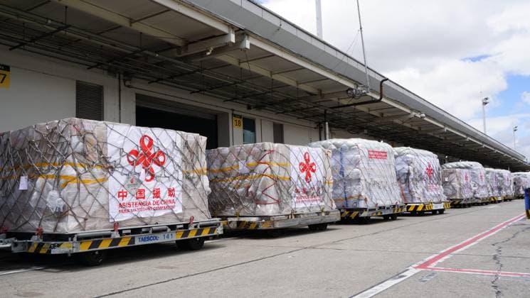 (260819) -- BOGOTA, Aug. 19, 2026 -- This photo taken on Aug. 18, 2026 shows humanitarian earthquake relief supplies provided by the Chinese government upon their arrival at an airport in Bogota, Colombia. Humanitarian earthquake relief supplies provided by the Chinese government arrived in Bogota on Tuesday to support Colombia s disaster response and post-disaster reconstruction efforts. ) COLOMBIA-BOGOTA-CHINA-EARTHQUAKE RELIEF ASSISTANCE-ARRIVAL LixZijian 