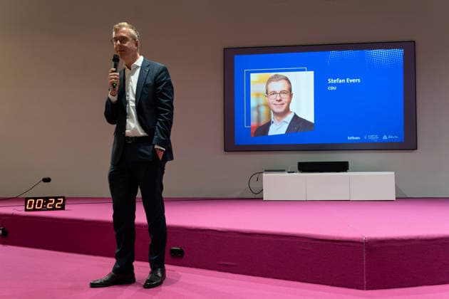 Berlin, August 18, 2026—Bitkom Policy Pitch for the 2026 Berlin House of Representatives election at Delta Campus Neukölln; Stefan Evers, the Berlin CDU’s top candidate for the 2026 Berlin House of Representatives election, is in attendance.