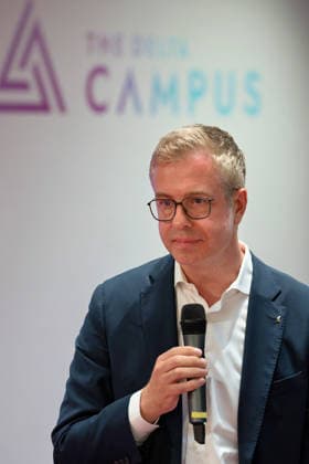 Berlin, August 18, 2026—Bitkom Policy Pitch for the 2026 Berlin House of Representatives election at Delta Campus Neukölln; Stefan Evers, the Berlin CDU’s top candidate for the 2026 Berlin House of Representatives election, is in attendance.