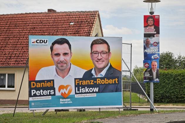 Mecklenburg-Western Pomerania, Germany, August 18, 2026: Campaign posters for the 2026 state election featuring Daniel Peters and Franz Robert Liskow (both CDU), Anna Konstanze Schröder (SPD), as well as Leif Erik Holm and Enrico Schult (both AfD) Copyright: xdtsxNachrichtenagenturx dts_130484