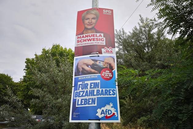 Mecklenburg-Western Pomerania, Germany, August 18, 2026: Campaign posters for the 2026 state election featuring the SPD with Manuela Schwesig and the AfD Copyright: xdtsxNachrichtenagenturx dts_130485