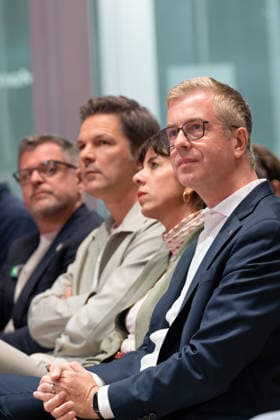 Berlin, August 18, 2026, Bitkom Policy Pitch for the 2026 House of Representatives election at Delta Campus Neukölln: Werner Graf, Steffen Krach, Elif Eralp, Stefan Evers
