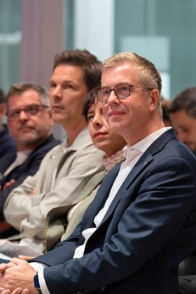 Berlin, August 18, 2026, Bitkom Policy Pitch for the 2026 House of Representatives election at Delta Campus Neukölln: Werner Graf, Steffen Krach, Elif Eralp, Stefan Evers