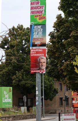 Election posters, August 18, 2026, Aschersleben, election posters for the state election on September 6, 2026, in Saxony-Anhalt. Pictured: Election posters from Alliance 90 The Greens ( Nature Needs Friends, Only with the Greens ), AfD ( No Tax on Pensions ), and SPD ( Experience Instead of Experiments ). Dr. Armin Willingmann