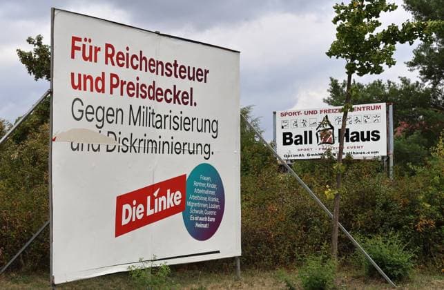 Election posters, August 18, 2026, Aschersleben; photo showing election posters for the state election on September 6, 2026, in Saxony-Anhalt. Large-format poster: DIE LINKE—For a wealth tax and price caps; against militarization and discrimination