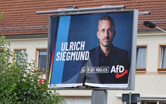 Election Posters, August 18, 2026, Aschersleben: Posters for the state election on September 6, 2026, in Saxony-Anhalt. Pictured: A large-format poster for the AfD’s Ulrich Siegmund