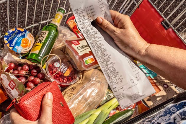 Shopping for groceries at the supermarket, a full shopping cart, a customer checking her receipt, Munich, August 2026, Germany, Munich, August 2026, grocery shopping at the supermarket, shopping carts full, a customer checks her receipt; the total purchase costs nearly 100 euros—not all purchased items are visible in the photo, stock photo illustrating