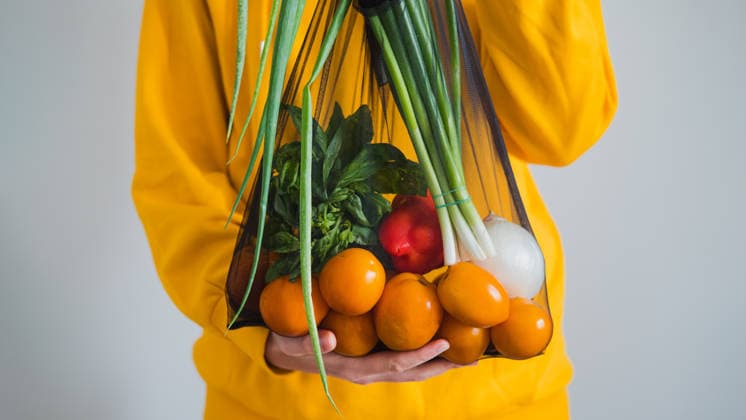 Sustainable multi use bag of organic farmer s vegetables. Woman R_AXHBBX201017A-526440-01 ,model released, Symbolfoto ,property released