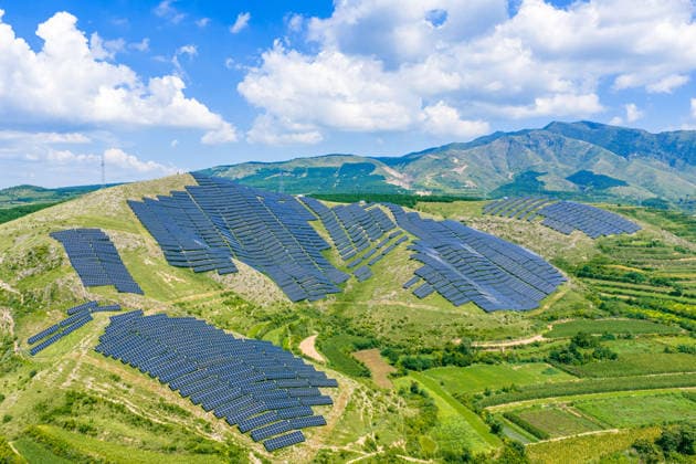 YUNCHENG, CHINA - AUGUST 26: Rows of solar panels cover barren hillsides on August 26, 2026 in Yuncheng, Shanxi Province of China. Local authorities have developed the photovoltaic power generation industry by utilizing barren mountain slopes to convert solar energy into clean electricity.  Copyright: xVCGx 111662285396