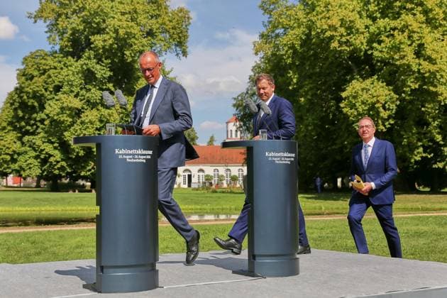 Neuhardenberg, Brandenburg, Germany, August 26, 2026, Neuhardenberg Castle Cabinet Retreat Press Conference at the Conclusion of the Cabinet Retreat with Federal Chancellor Friedrich Merz (CDU), Federal Minister of Finance Lars Klingbeil (SPD), and Federal Minister of the Interior Alexander Dobrindt (CSU) Copyright: xdtsxNachrichtenagenturx dts_131186