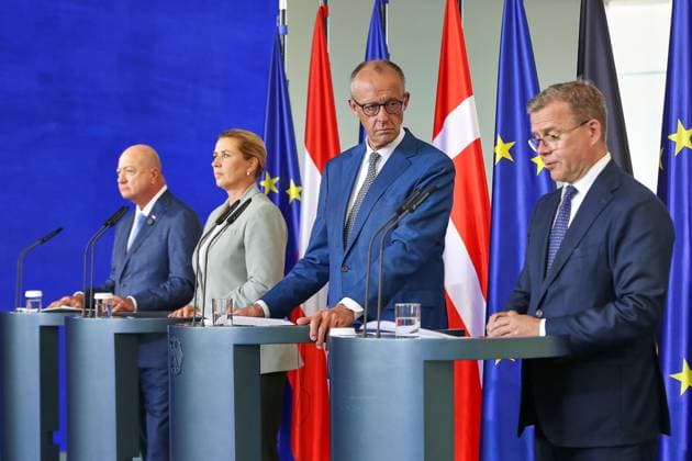 Berlin, Germany, August 27, 2026; Federal Chancellery: Reception for like-minded heads of government to discuss the EU financial framework—L-R: Christian Stocker (Austria), Mette Frederiksen (Denmark), Federal Chancellor Friedrich Merz (CDU, Germany), Petteri Orpo (Finland) Copyright: xdtsxNachrichtenagenturx dts_131440