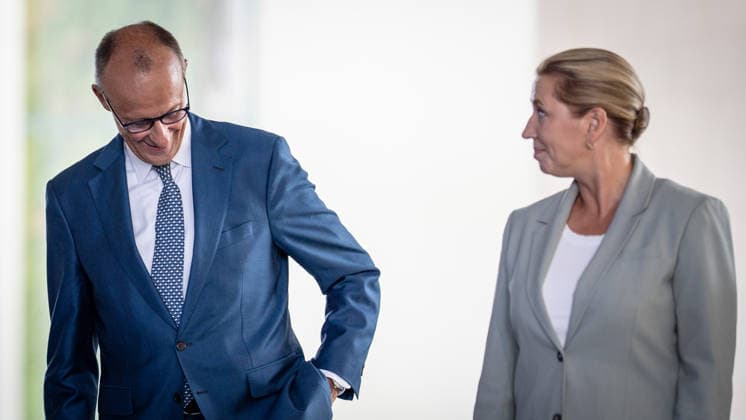 Friedrich Merz, Chancellor of Germany; Mette Frederiksen, Minister of State of Denmark (from left): Meeting of heads of state and government from several like-minded EU countries regarding the next Multiannual Financial Framework at the Federal Chancellery, Berlin, Germany; Federal Chancellery, Berlin