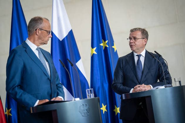Friedrich Merz, Chancellor of Germany, and Petteri Orpo, Prime Minister of Finland (from left): Meeting of the heads of state and government of several like-minded EU countries on the next Multiannual Financial Framework at the Federal Chancellery, Berlin, Germany; Federal Chancellery