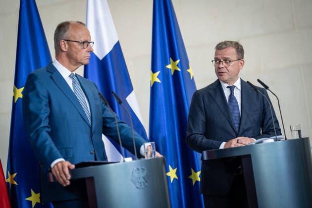 Friedrich Merz, Chancellor of Germany, and Petteri Orpo, Prime Minister of Finland (from left): Meeting of the heads of state and government of several like-minded EU countries on the next Multiannual Financial Framework at the Federal Chancellery, Berlin, Germany; Federal Chancellery