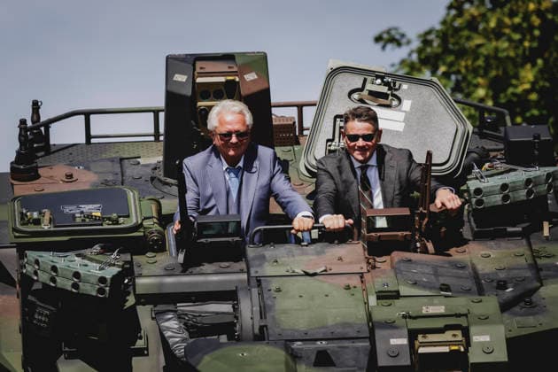 L R Armin Papperger, CEO of Rheinmetall, and Boris Rhein, Minister President of Hesse, photographed while riding in a Boxer during a tour of the Rheinmetall plant in Kassel, August 27, 2026, Kassel, Germany Copyright: xFlorianxGaertnerx