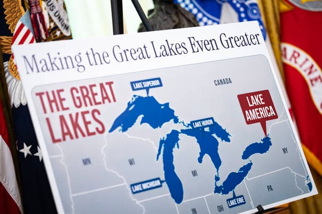 Trump Signs Executive Order Renaming Lake Ontario as ‘Lake America’ WASHINGTON, DC - AUGUST 27: A poster shows the name change from Lake Ontario to Lake America, as US President Donald Trump signs an executive order on the renaming, amid a recent trade war, in the Oval Office of the White House in Washington, DC. Credit: Al Drago Pool via CNP Washington District of Columbia United States of America EDITORIAL USE ONLY Copyright: xx AD_09_ovalThurs copy AlxDragox-xPoolxviaxCNPx cnpphotos339760
