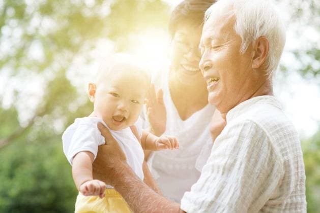 Happy grandparents playing with their grandson at outdoor park, Asian family, life insurance concept. model released Symbolfoto Copyright: xszefeix Panthermedia76317218.jpg