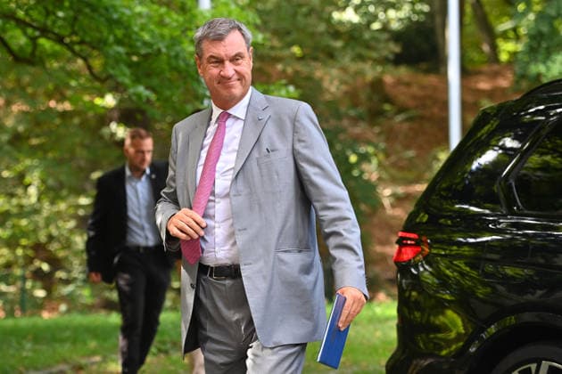 Arrival of Markus SOEDER, Minister-President of Bavaria and CSU Chairman; single image, cropped shot, half-length portrait; press conference of the Bavarian State Government following a cabinet meeting on September 1, 2026, at the Prinz Carl Palais in Munich