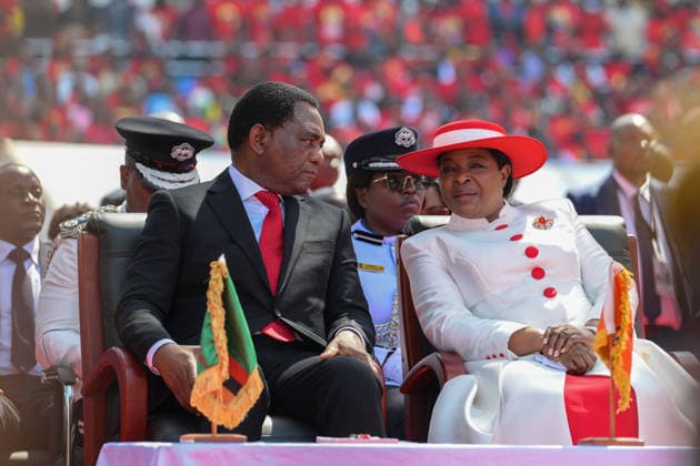 (260902) -- LUSAKA, Sept. 2, 2026 -- Zambian President Hakainde Hichilema (L) talks with First Lady Mutinta Hichilema during his inauguration ceremony at the National Heroes Stadium in Lusaka, Zambia, Sept. 1, 2026. Hichilema was sworn in Tuesday for a second five-year term in office. ) ZAMBIA-LUSAKA-HICHILEMA-PRESIDENTIAL INAUGURATION CEREMONY YangxGuang 