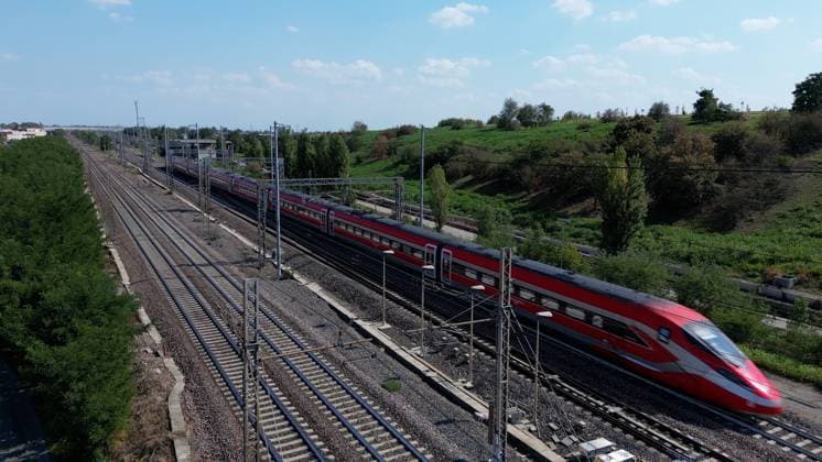 RECORD DATE NOT STATED IPA88029734 - Italy, Milan drone footage of the Milan Rome high-speed railway Frecciarossa Italo and Intercity regional trains Italian Railways  Copyright: xx xRichx 88029734