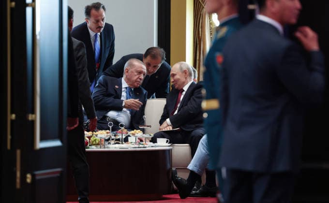 September 2, 2026, Bishkek, Kyrgyzstan: Russian President Vladimir Putin, right, holds a pull aside meeting with Turkish President Recep Tayyip Erdogan, left, on the sidelines of the SCO Plus Summit meeting, September 1, 2026, in Bishkek, Kyrgyzstan. Bishkek Kyrgyzstan - ZUMAp138 20260902_zaa_p138_026 Copyright: xVyacheslavxProkofyev RussianxGovx