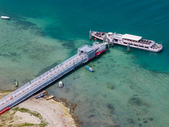 Boat dock at Mannenbach Harbor in the canton of Thurgau. Lake Constance has low water levels following a summer with little rainfall. August 27, 2026, Mannenbach Salenstein, Canton of Thurgau, Switzerland