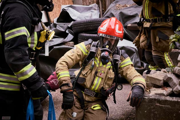 Firefighters during a rescue drill at a professional training center, August 30, 2026, Calw, Baden-Württemberg, Germany