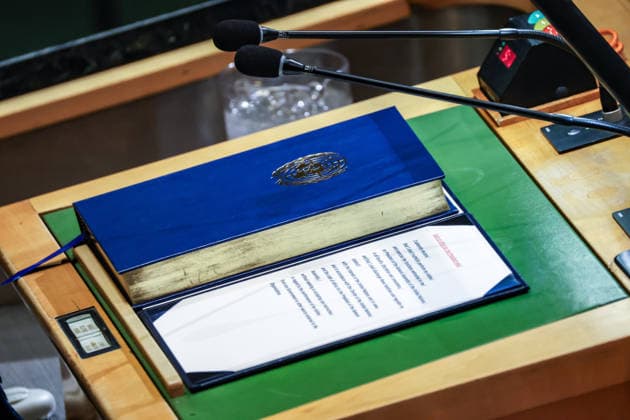 September 8, 2026, New York, New York, United States: The UN Charter rests on the podium in the General Assembly Hall ahead of the oath of office by KHALILUR RAHMAN, President-elect of the 81st session of the UN General Assembly, during the closing plenary meeting of UNGA80 at UN Headquarters. New York United States  - ZUMAo116 20260908_znp_o116_033 Copyright: xBiancaxOterox