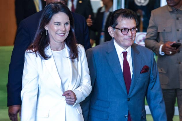 September 8, 2026, New York, New York, United States: KHALILUR RAHMAN, incoming President of the 81st session of the UN General Assembly, walks alongside outgoing President ANNALENA BAERBOCK as they make their way to the General Assembly stakeout following the gavel handover and closing of UNGA80 at UN Headquarters. New York United States  - ZUMAo116 20260908_znp_o116_051 Copyright: xBiancaxOterox