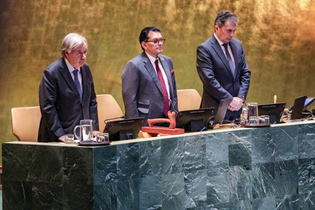 September 8, 2026, New York, New York, United States: L-R: UN SG ANTONIO GUTERRES, KHALILUR RAHMAN, President of the 81st session of the UN General Assembly, and MOVSES ABELIAN, UN USG for General Assembly and Conference Management, observe a minute of silent prayer or meditation during the opening of UNGA81 at UNHQ. New York United States - ZUMAo116 20260908_znp_o116_095 Copyright: xBiancaxOterox