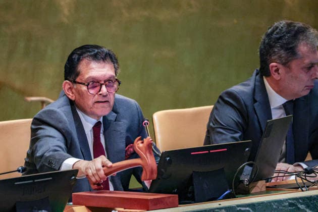 September 8, 2026, New York, New York, United States: KHALILUR RAHMAN strikes the gavel for the first time as President of the 81st session of the UN General Assembly, formally opening UNGA81 at UNHQ. RAHMAN begins his presidency under the theme â€oeRestoring Trust, Managing Transformation: A United Nations That Delivers for All,†with priorities including peace and security, sustainable development, climate action, human rights, AI and emerging technologies, and UN reform. New York United States - ZUMAo116 20260908_znp_o116_094 Copyright: xBiancaxOterox