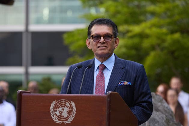 September 9, 2026, New York, New York, USA: Khalilur Rahman, president of the U.N. General Assembly s 81st session, addresses attendees at the Peace Bell Ceremony marking the International Day of Peace. New York USA - ZUMAs237 20260909_aap_s237_003 Copyright: xMarkxJ.xSullivanx