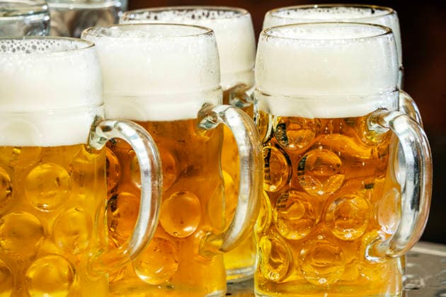 Freshly poured Maß of beer, Augustiner Bräu, Aubinger Autumn Festival, festival tent, Munich, September 5, 2026; Germany, Munich, September 2026, several freshly poured Maß of beer, Augustiner Bräu, festival tent, Aubinger Autumn Festival, Bavaria