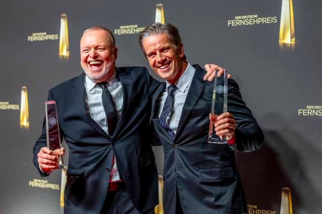 ABB TELEVISION AWARD: Stefan Raab and Markus Lanz, winners of the Television Award, appear on the red carpet at the gala ceremony for the 2026 German Television Award at the Confex Center on September 9, 2026, in Cologne, North Rhine-Westphalia, Germany