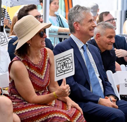 American screenwriter, television producer and director Greg Daniels (R) and his wife Susanne Daniels react to comments during an unveiling ceremony honoring Daniels with the 2,856th star on the Hollywood Walk of Fame in Los Angeles on Thursday, September 10, 2026.  LAP2026091024 JIMxRUYMEN