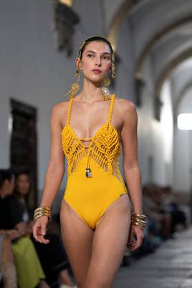 September 10, 2026, Madrid, Spain: A model parades with Dolores Cortes design during the OMODA Fashion Week en ISE San Isidro in Madrid. Madrid Spain  - ZUMAs197 20260910_aaa_s197_658 Copyright: xAtilanoxGarciax