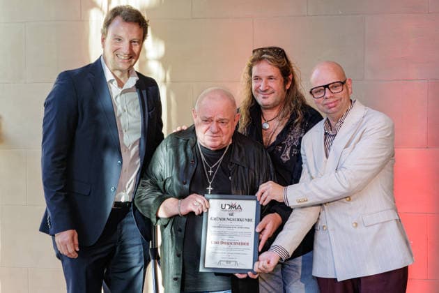 September 10, 2026, Wuppertal Dr. Hagen W. Lippe-Weißenfeld, cultural manager; Udo Dirkschneider; Stefan Mageney, and Helge Lindh, Member of the Bundestag (SPD), on the sidelines of a press conference announcing the newly established Udo Dirkschneider Music Award (UDMA) in Wuppertal’s Historic City Hall, North Rhine-Westphalia, Germany