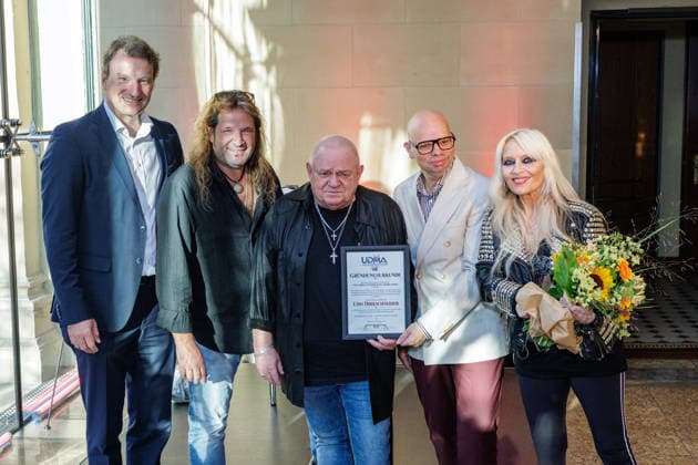 September 10, 2026, Wuppertal Dr. Hagen W. Lippe-Weißenfeld, cultural manager; Udo Dirkschneider; Stefan Mageney, Helge Lindh (Member of the German Bundestag, SPD), and Doro Pesch on the sidelines of a press conference announcing the newly established Udo Dirkschneider Music Award (UDMA) in Wuppertal, at the Historische Stadthalle, North Rhine-Westphalia, Germany