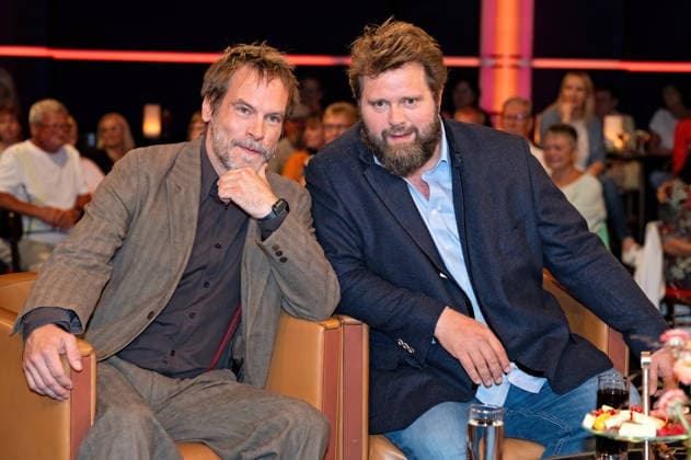 MDR Riverboat actors Antoine Monot and Wanja Mues during the taping of the MDR talk show Riverboat on September 11, 2026, at Mediacity Leipzig 20260911ADO0024