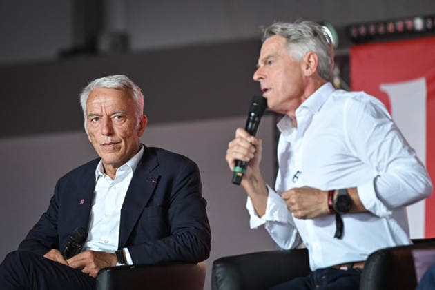 Fete de Humanite near Paris FA President of MEDEF Patrick Martin looks on in a debate with French president of French Communist political party Fabien Roussel as part of the annual Fete de l Humanite festival organised by the Communist newspaper L Humanite, in Le Plessis-Pate, south of Paris, on September 11, 2026. Photo by Firas Abdullah ABACAPRESS.COM Paris Ile-de-France France  Copyright: xAbdullahxFiras ABACAx