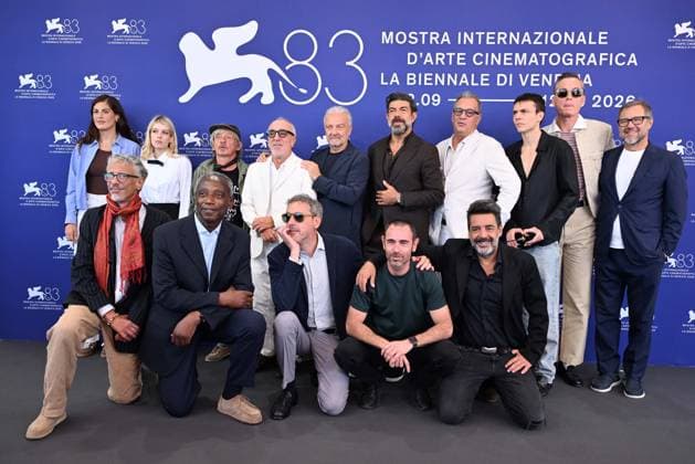 September 12, 2026, Venice, Rome, Italy: Alma Noce, Paolo Rossi, Silvio Orlando, director Giovanni Veronesi, Pierfrancesco Favino, Francesco Gheghi, and Maurizio Lombardi during the photocall for the film God Laughs, 83rd Venice Film Festival. Venice, September 12, 2026 Venice Italy  - ZUMAa289 20260912_zia_a289_076 Copyright: xMariaxLauraxAntonellix xAgfx