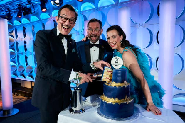 2026 German Acting Award: Hans Werner Meyer, Nadine Heidenreich, and Christian Senger cut the cake on stage at the show celebrating 15 years of the German Acting Award and 20 years of the BFFS, Pullman Berlin Schweizerhof, September 11, 2026 Copyright: xEventpressx