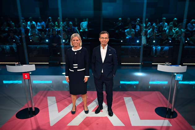 STOCKHOLM, SWEDEN 20260912 Social Democratic Party leader Magdalena Andersson (S) and Moderate Party leader and Prime Minister Ulf Kristersson (M) in the TV4 studio, where they are facing off in a prime ministerial debate, the final debate before the election STOCKHOLM, SWEDEN x10050x  Copyright: xPontusxLundahl TTx STATSMINISTERDUELL TV4 3qm0vGwB7dY