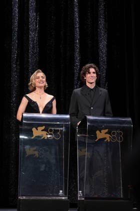 2026 Closing Ceremony - The 83rd Venice International Film Festival Hosts of the festival Greta Scarano and Nicolas Maupas speaks on stage during the 2026 Closing Ceremony for the 83rd Venice International Film Festival at Sala Grande on September 12, 2026 in Venice, Italy.  Copyright: xKazukoxWakayamax