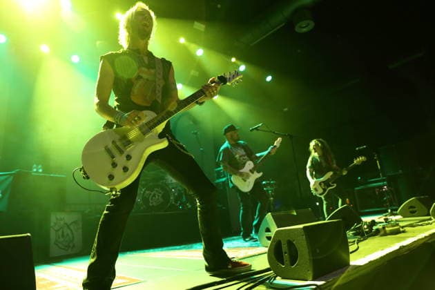 Ben Wells, Chris Robertson, and Steve Jewell Jr. (from left), members of the band Black Stone Cherry, at a concert at Huxleys Neue Welt in Berlin on September 12, 2026. Black Stone Cherry Concert Berlin