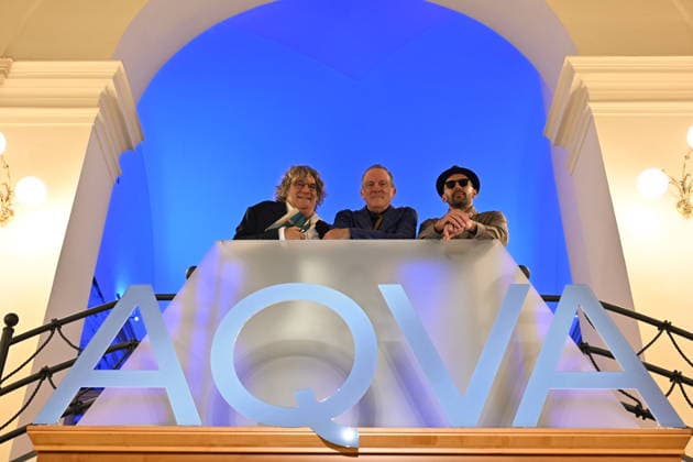 Italy-Vatican-Exhibition-2026-09-14 Italy,Rome,Vatican,2026 09 14 : From L) Italian chef Fulvio Pierangelini, US typographer Bill Moran, and French artist JR pose during a press preview of the first chapter of the exhibition cycle Catastrophe and Wonder entitled AQVA ahead of its inauguration by the Pope, at the Vatican Apostolic Library Copyright Alessia Giuliani Catholipressphoto EDITORIAL USE ONLY - NO BOOKS Copyright: xx